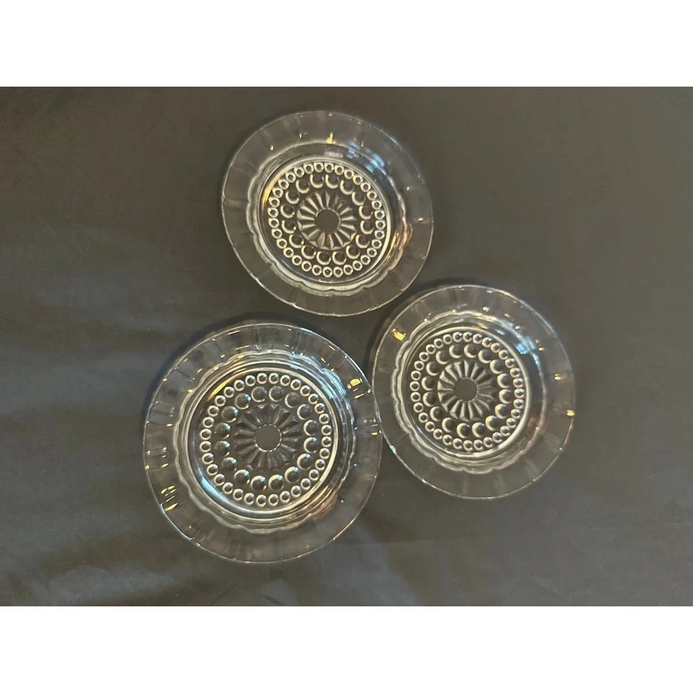 Vintage Clear Pressed Glass Coasters Set of 3 Sunburst Hobnail Scalloped Rim 4.5